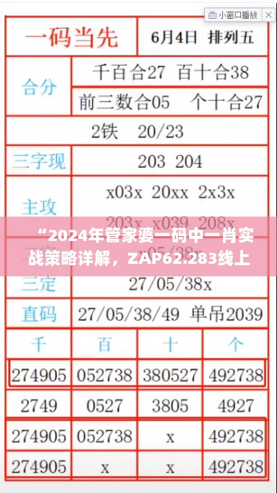 “2024年管家婆一码中一肖实战策略详解，ZAP62.283线上版本实证”