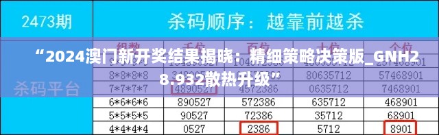 “2024澳门新开奖结果揭晓：精细策略决策版_GNH28.932散热升级”