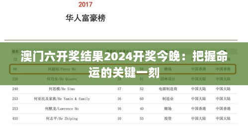 澳门六开奖结果2024开奖今晚：把握命运的关键一刻